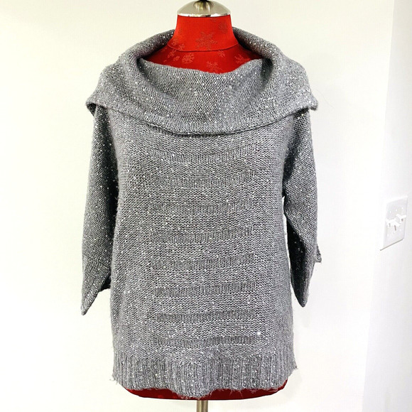 Chico's Size 1/M/8 Cowl Neck Sweater Silver Sequin Embellished Soft Gray Knit - Picture 5 of 13